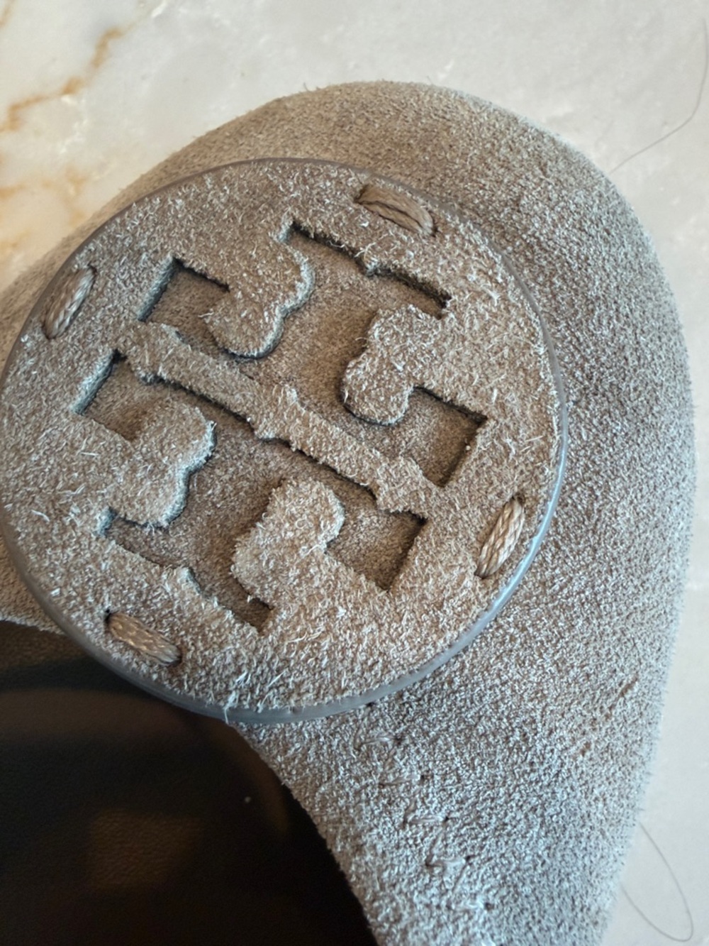 Tory Burch Light Gray Suede Logo Ballet Flats - Picture 2 of 4